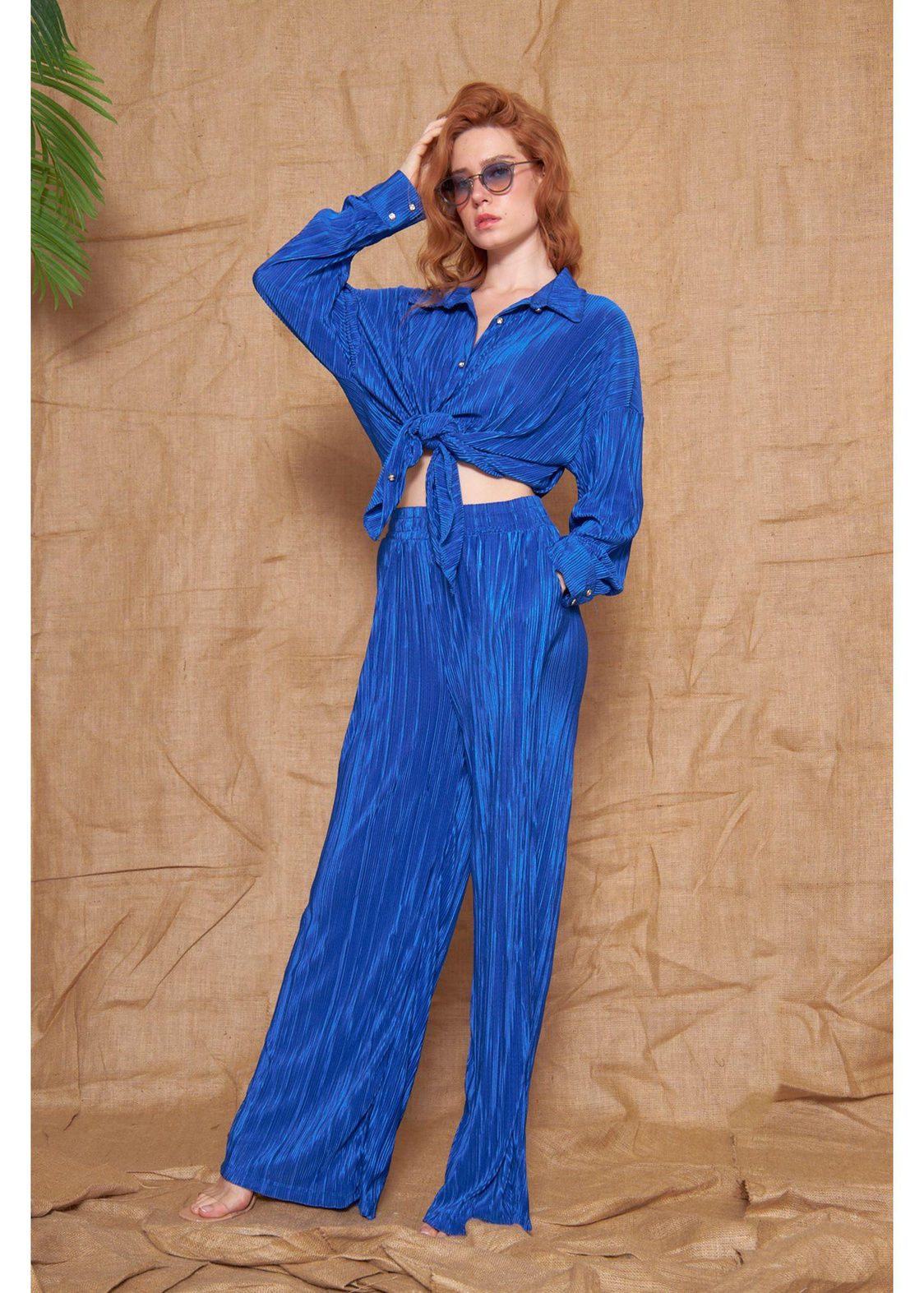 Piliseli Örme Pantolon-Saks