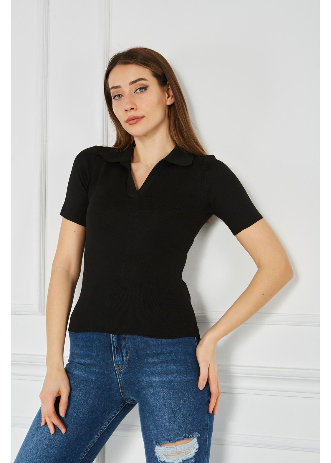 Polo Yaka Triko Tshirt-Siyah