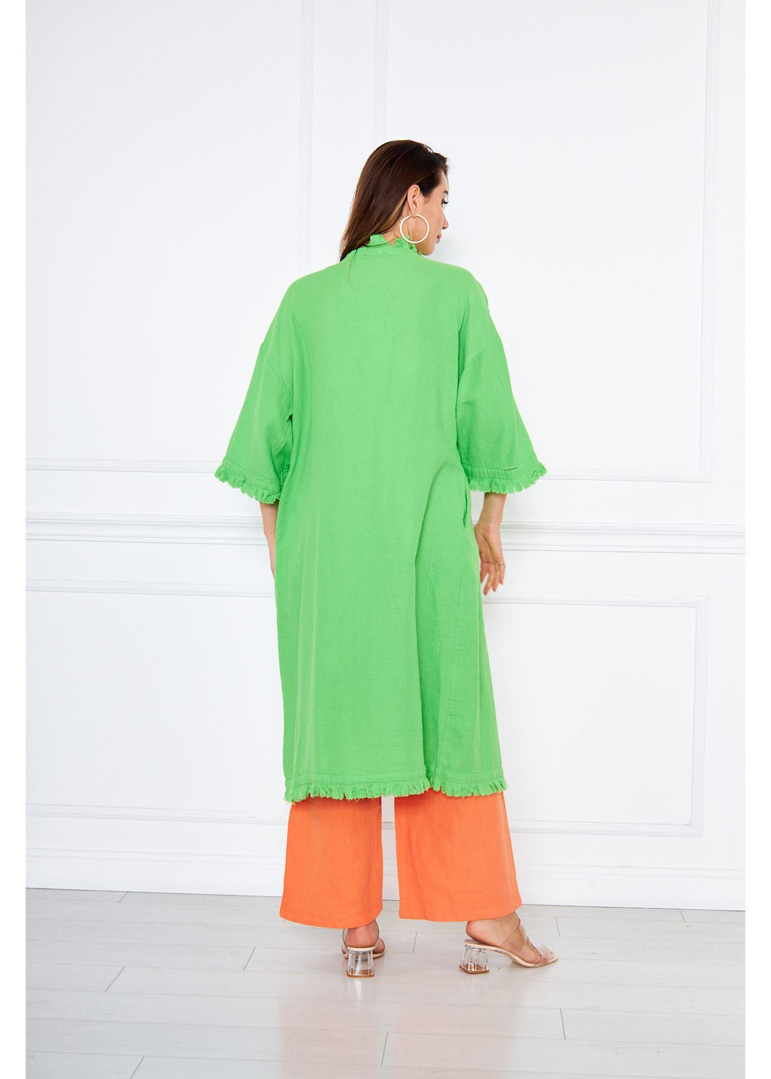 Püsküllü Keten Kimono-Yeşil