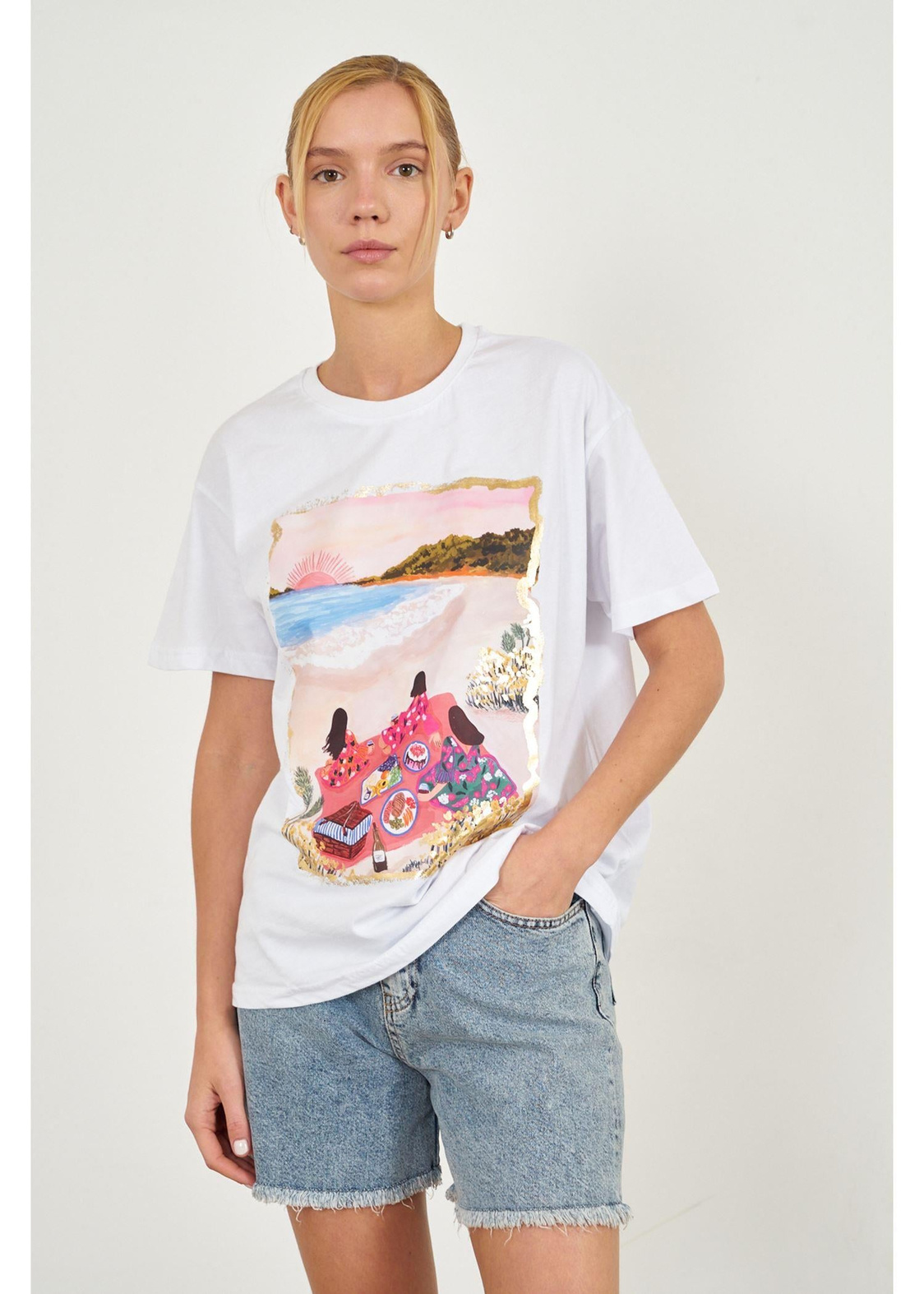 Sahil Baskılı Süprem T-shirt-Ekru