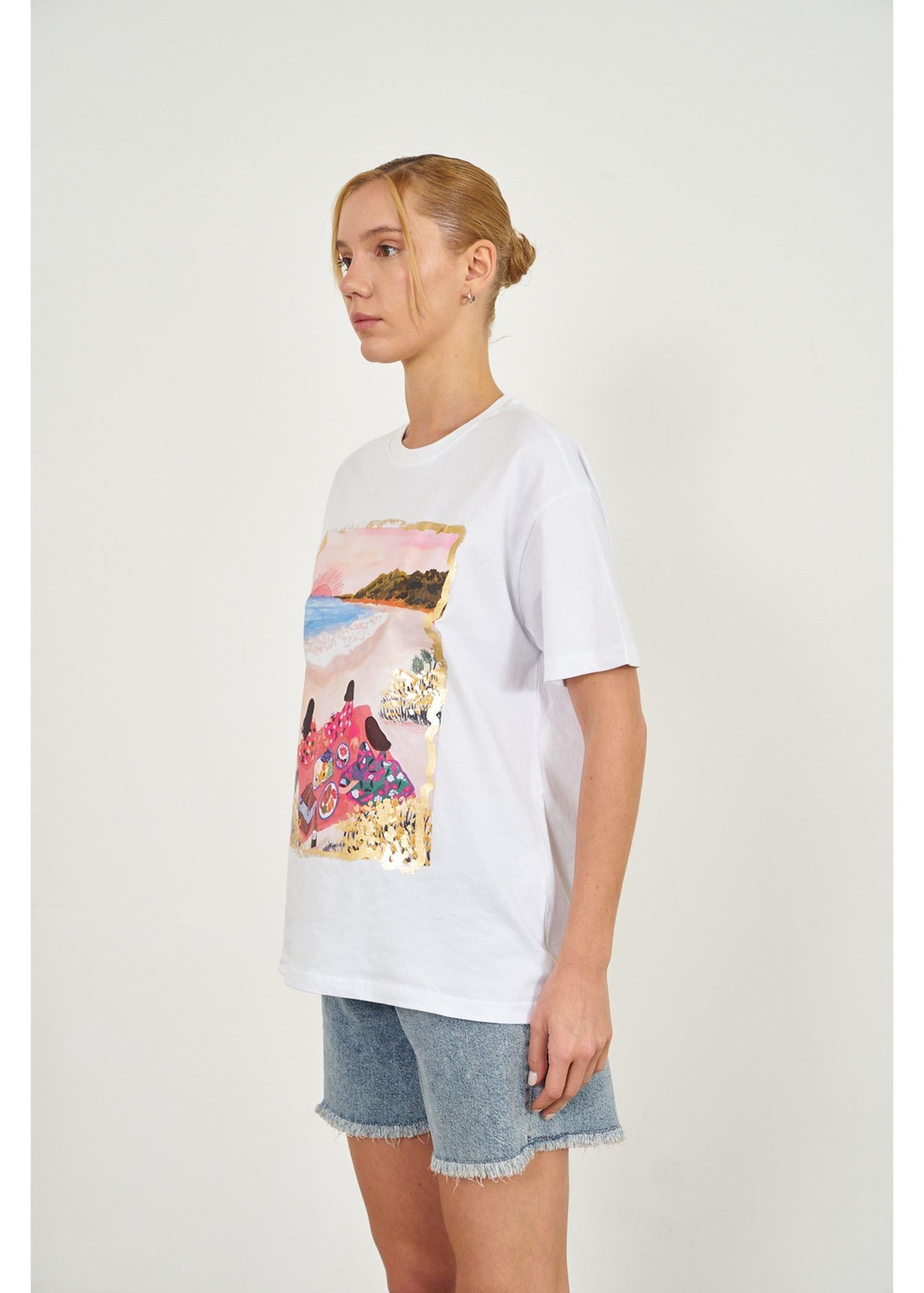 Sahil Baskılı Süprem T-shirt-Ekru