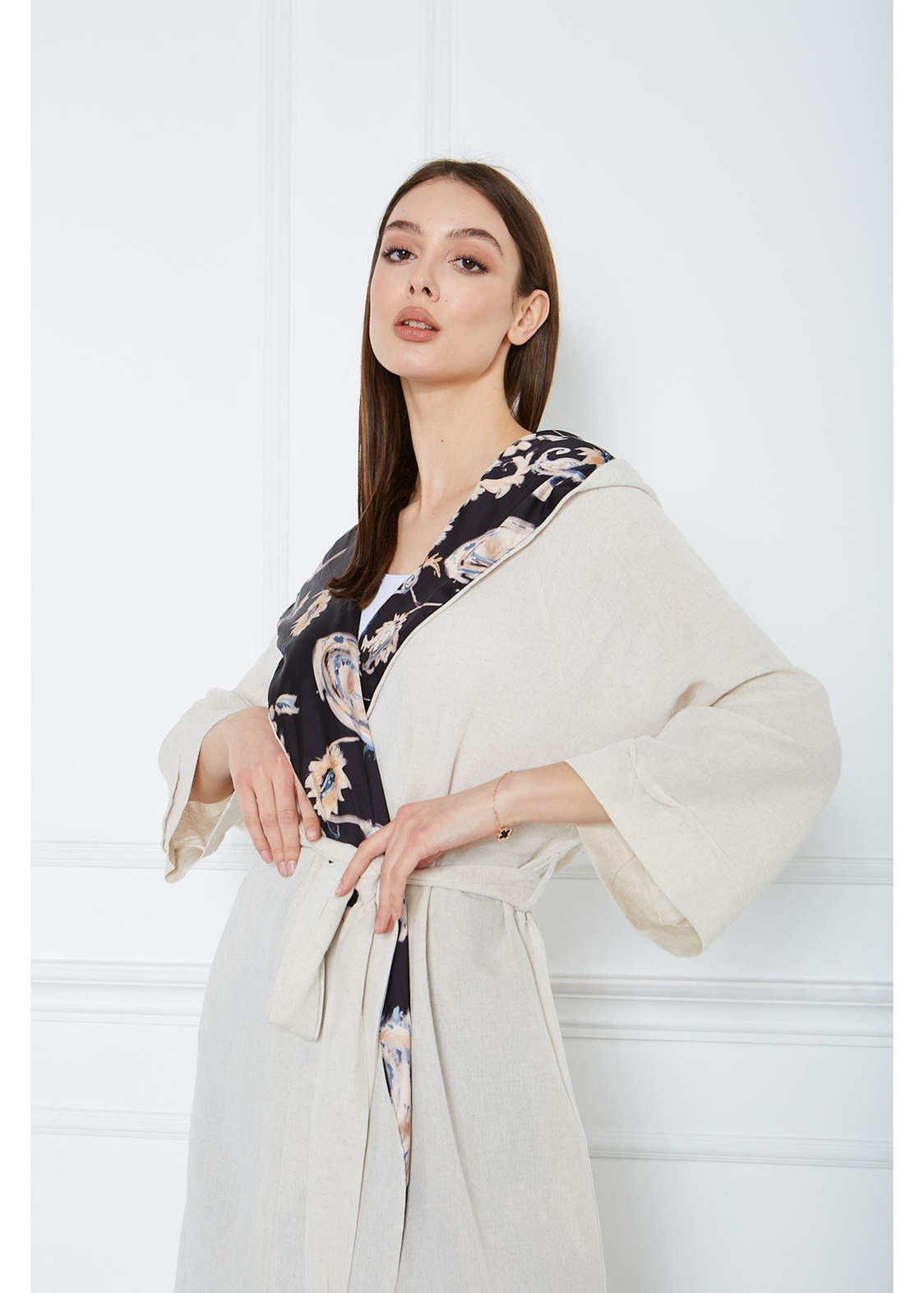 Saten Garnili Keten Kimono-Taş