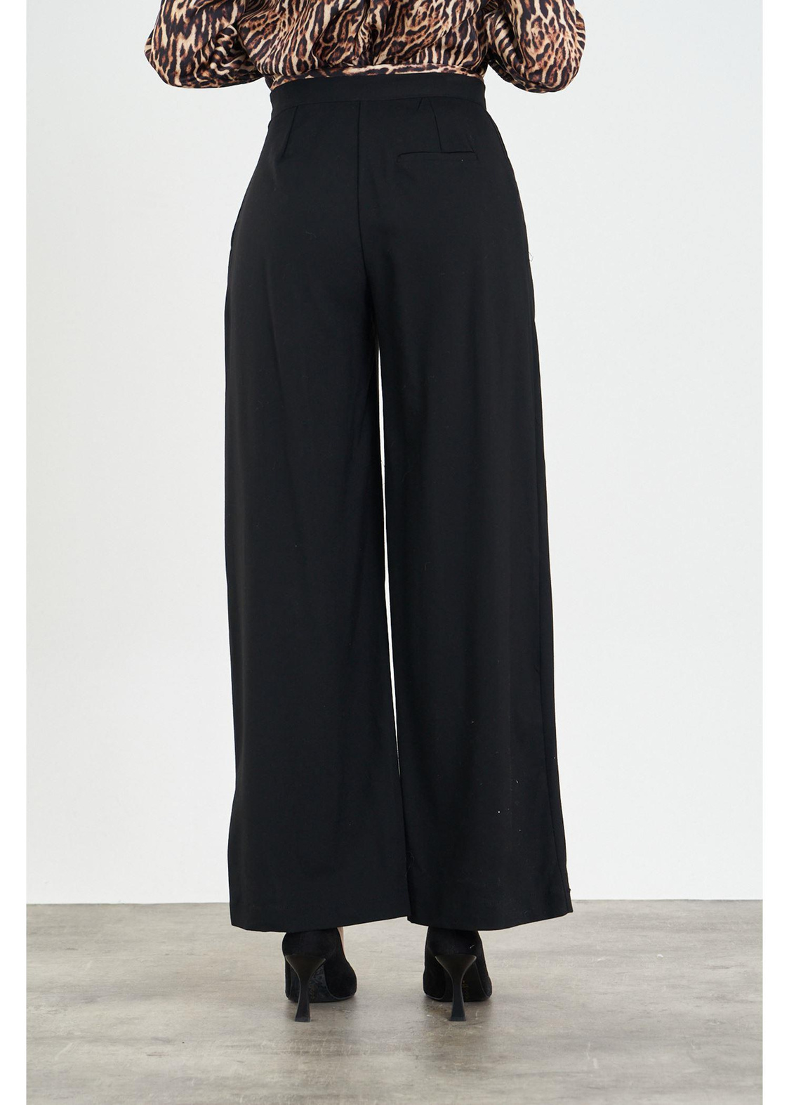 Saten Leopar Garnili Poliviskon Pantolon-Siyah