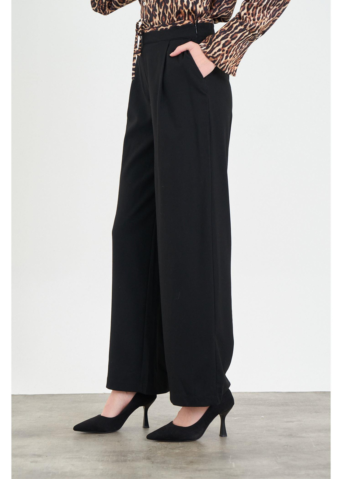 Saten Leopar Garnili Poliviskon Pantolon-Siyah