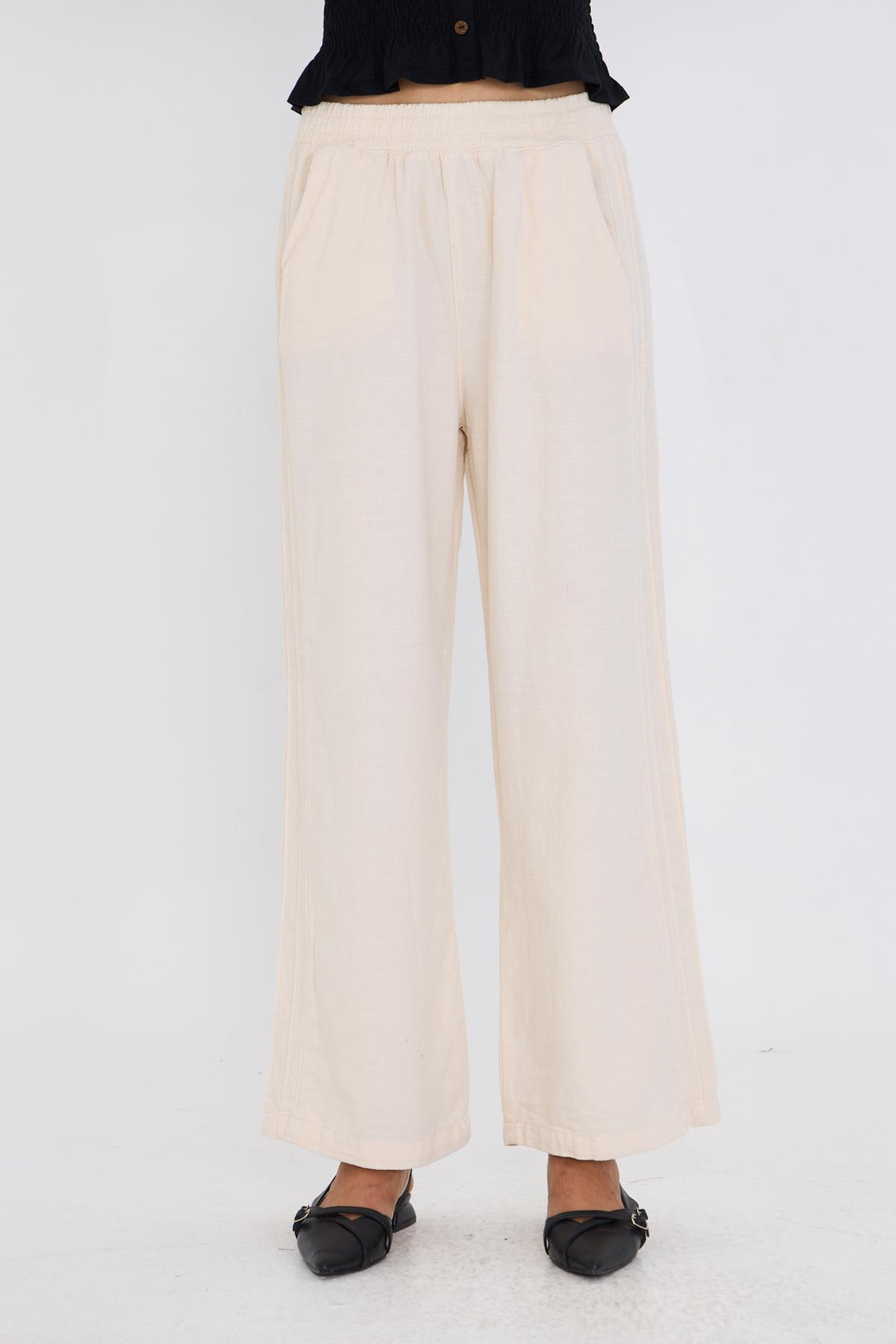 Şeritli Bol Paça Pantolon - Ekru