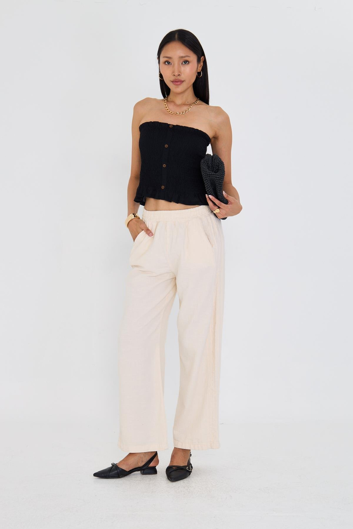 Şeritli Bol Paça Pantolon - Ekru