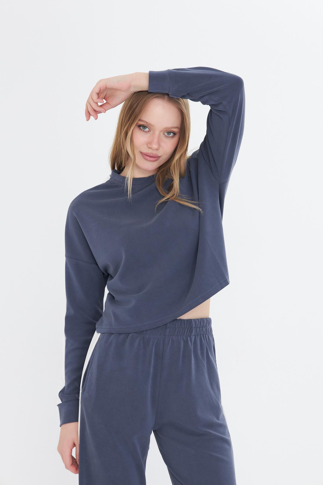 Şeritli Scuba Modal Crop Sweatshirt - Lacivert/Ekru