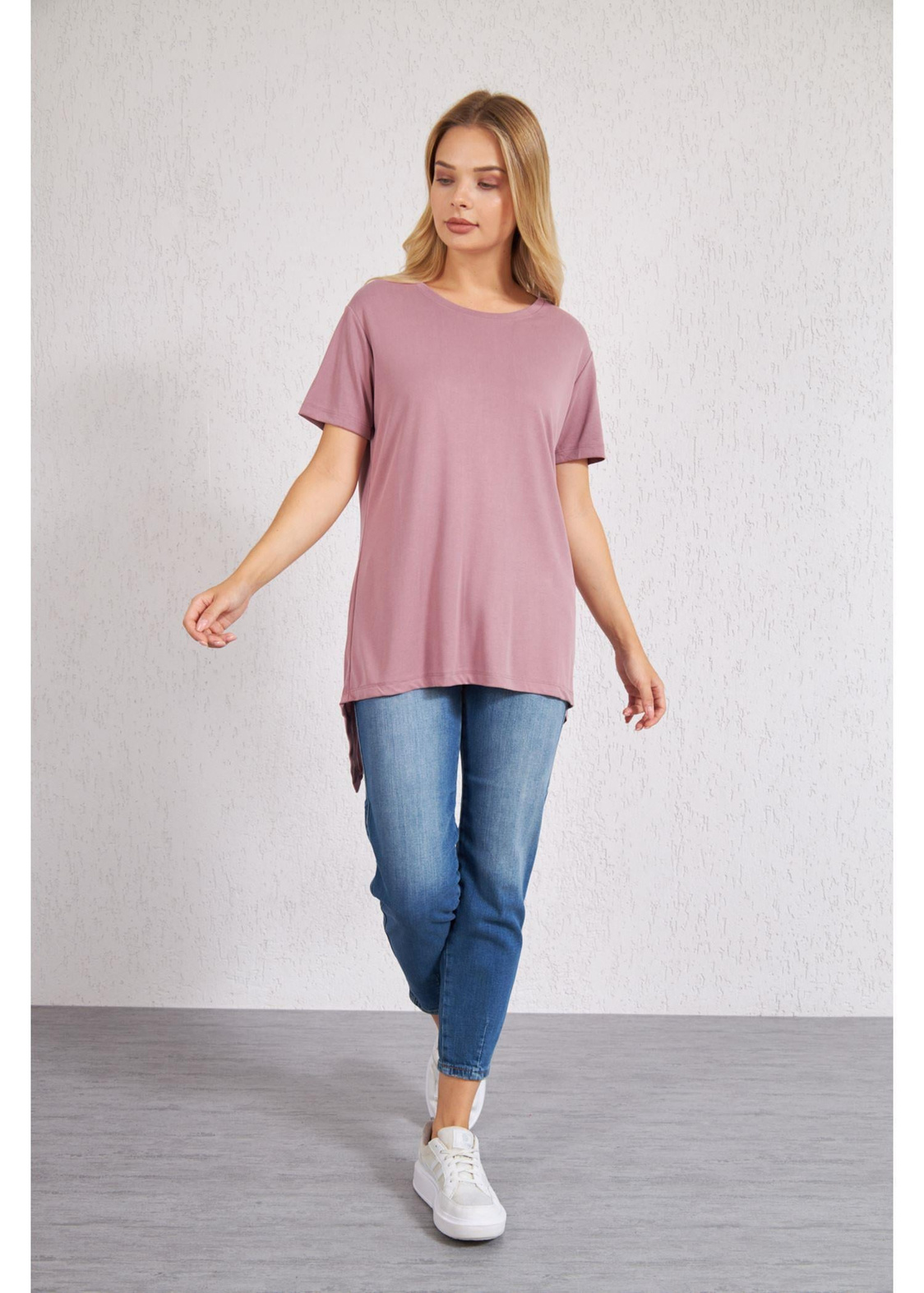 Sıfır Yaka Kısa Kol Anvelop T-Shirt-Gül