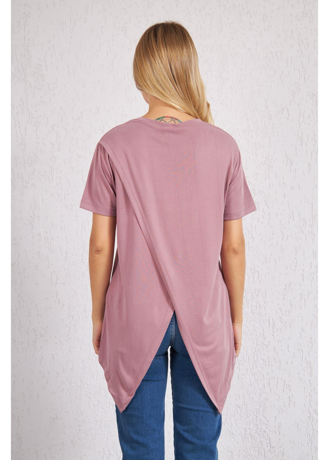 Sıfır Yaka Kısa Kol Anvelop T-Shirt-Gül