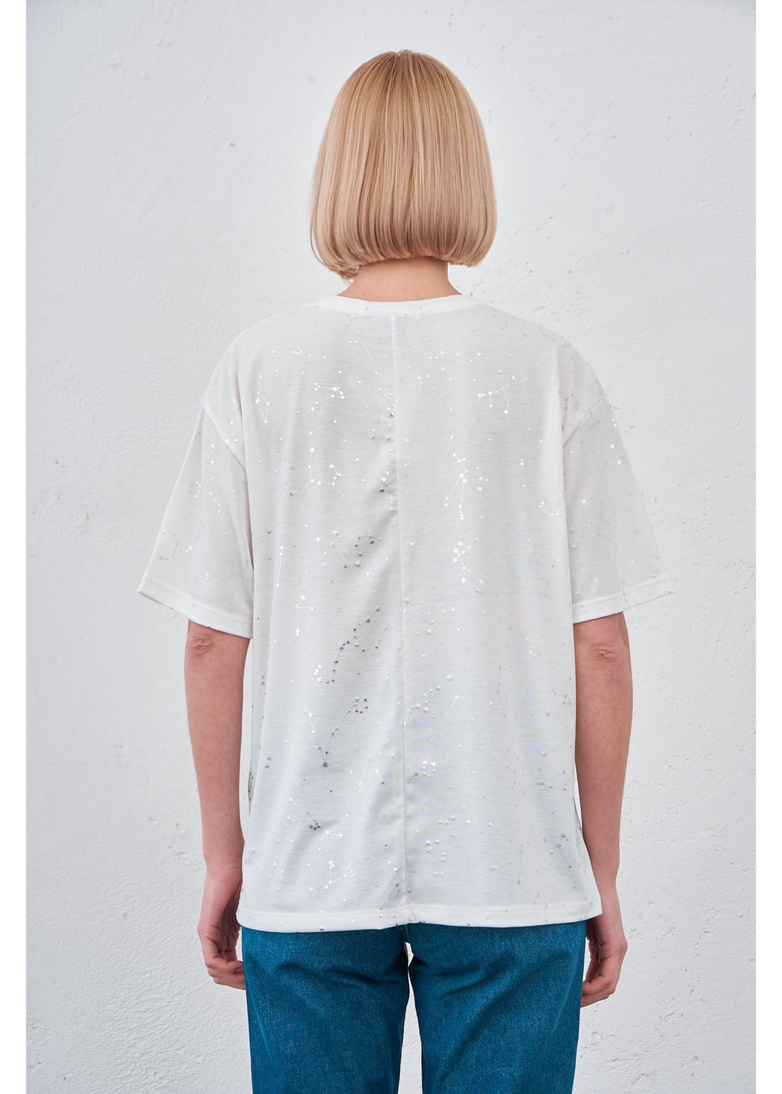 Simli Yıldız Baskılı T-shirt-Beyaz