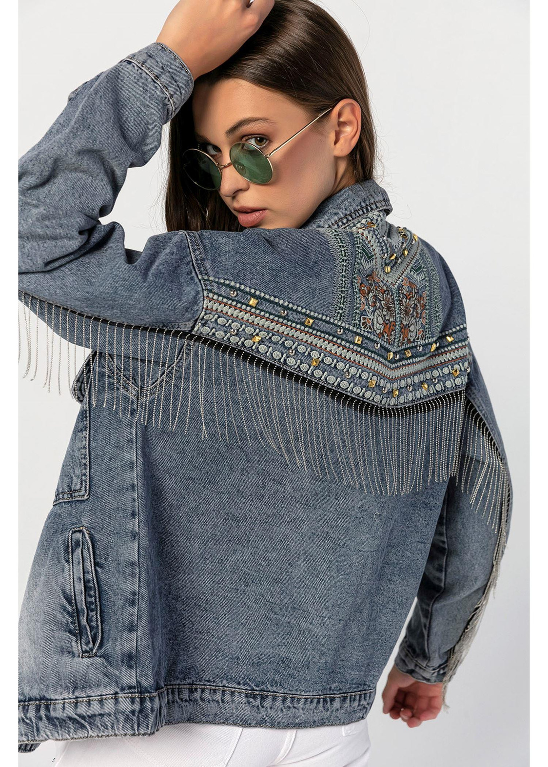 Sırtı İşlemeli, Kolları Ve Sırtı Zincirli Boyfriend Kot Ceket-Mavi