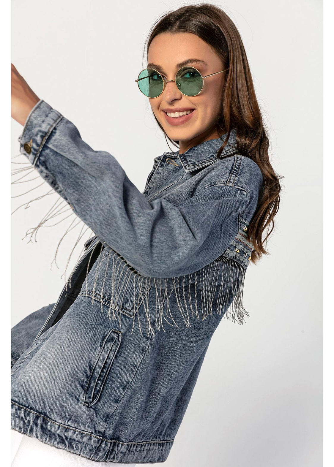 Sırtı İşlemeli, Kolları Ve Sırtı Zincirli Boyfriend Kot Ceket-Mavi