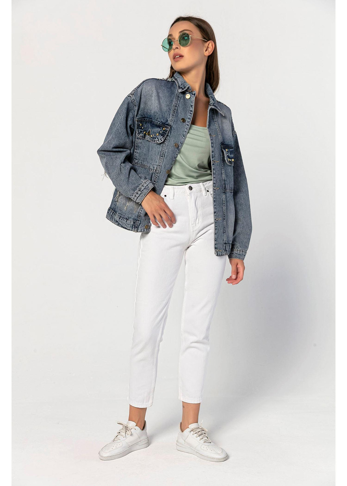 Sırtı İşlemeli, Kolları Ve Sırtı Zincirli Boyfriend Kot Ceket-Mavi