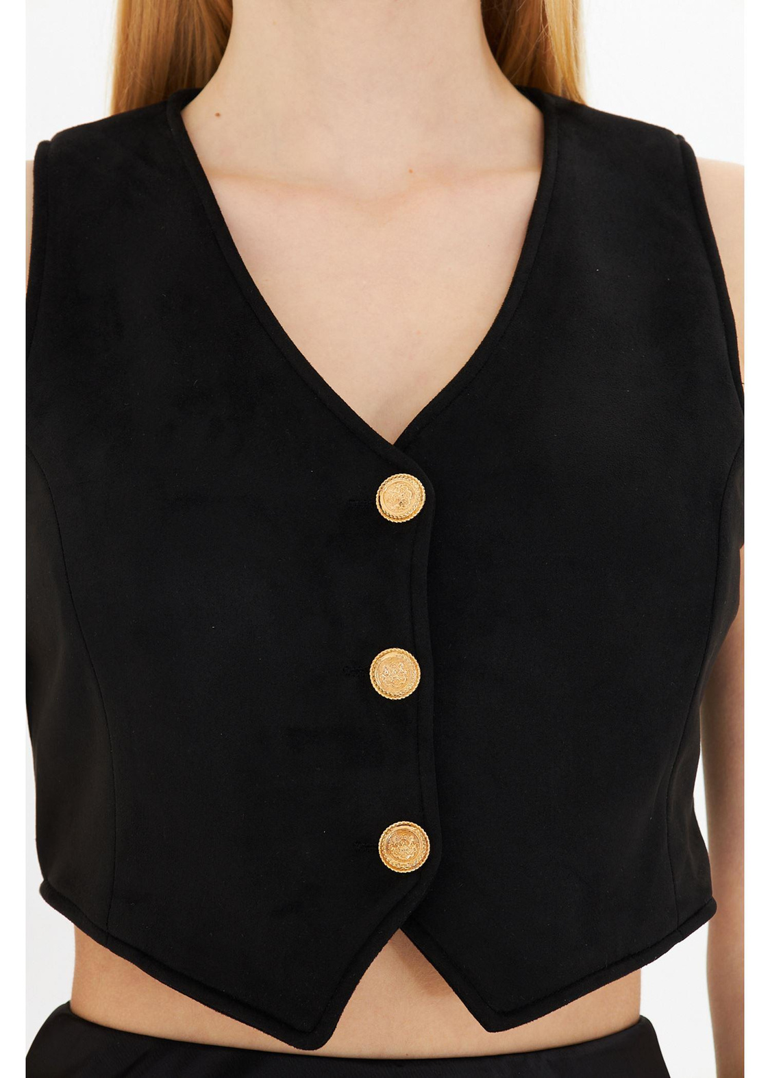 siyah Crop Süet Yelek