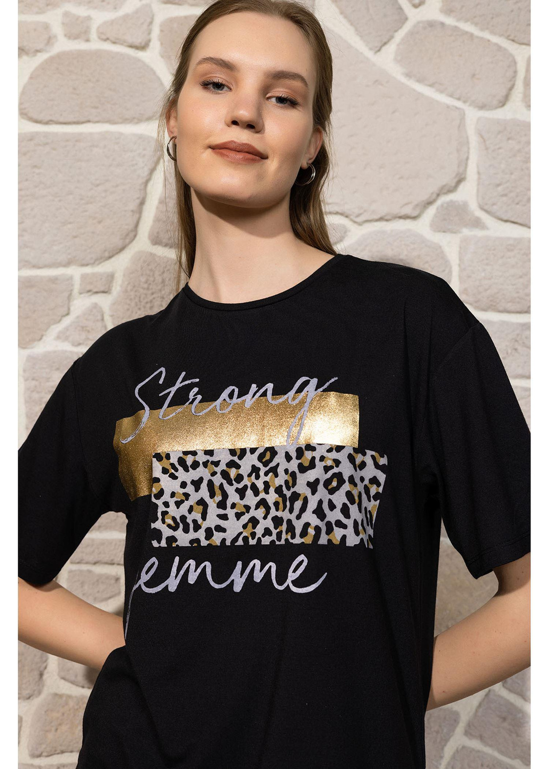 Strong Femme Leopar Desen T-shirt - Siyah