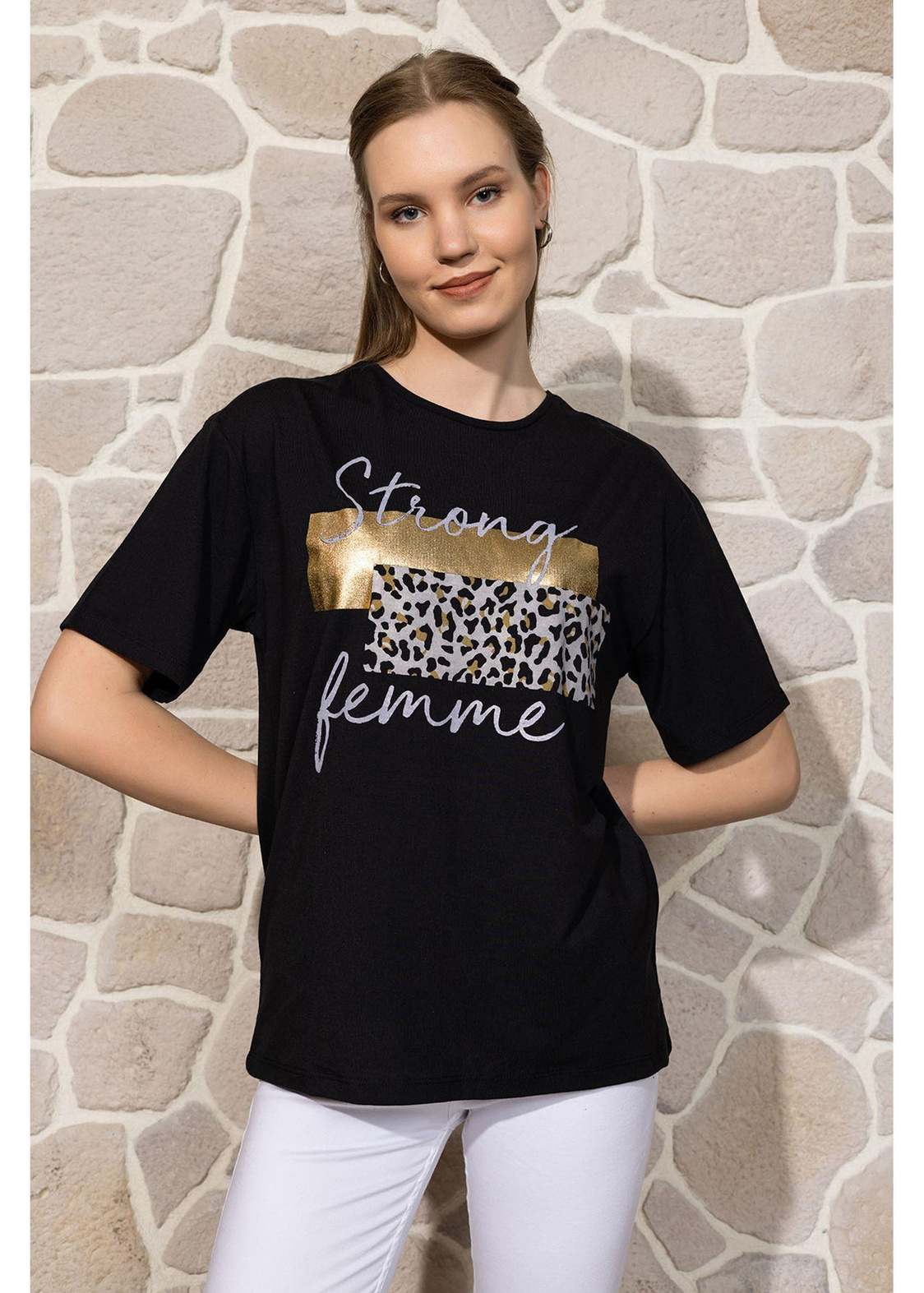 Strong Femme Leopar Desen T-shirt - Siyah