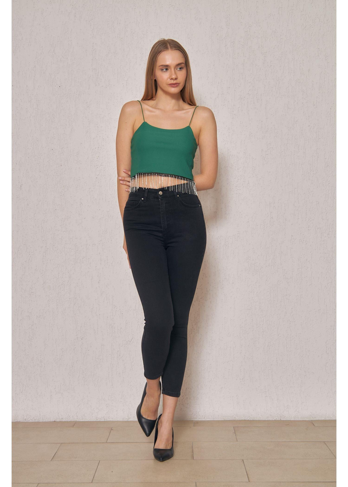 Taş Detaylı Crop Bluz - Zümrüt Yeşili