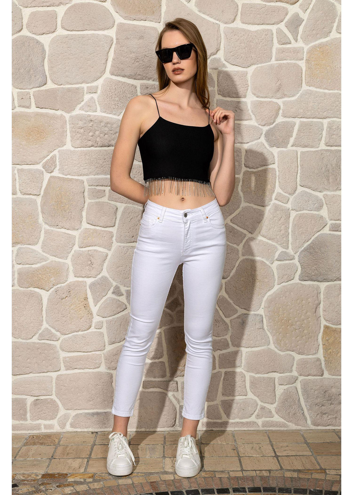 Taş Detaylı Crop Bluz-Siyah