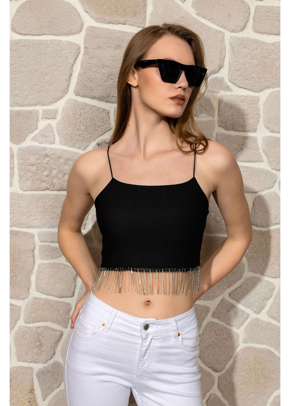 Taş Detaylı Crop Bluz-Siyah