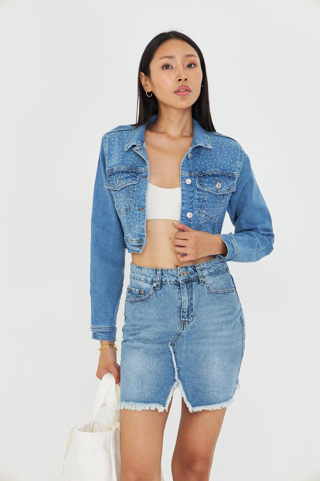 Taş İşlemeli Crop Denim Ceket