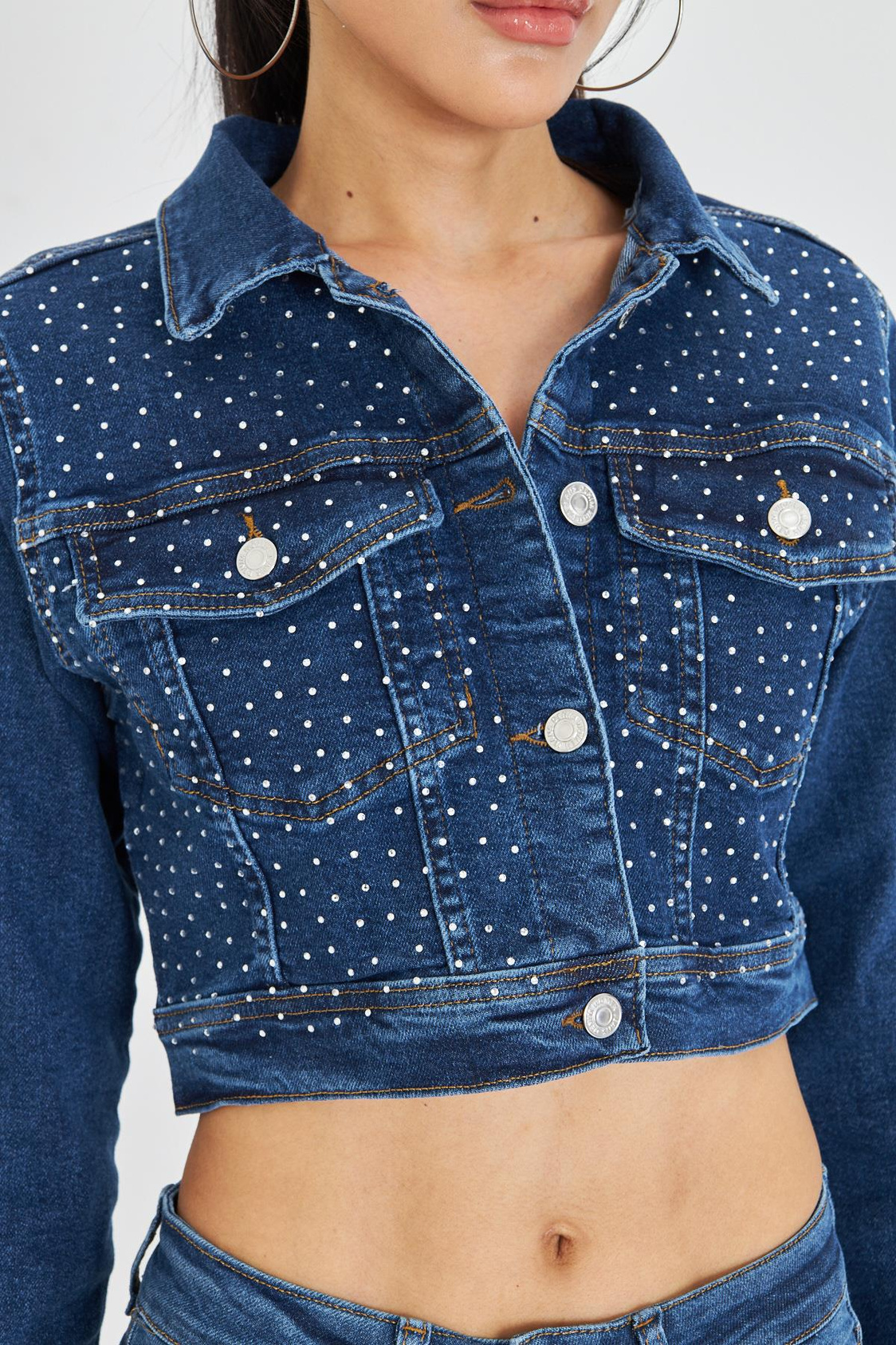 Taş İşlemeli Crop Denim Ceket
