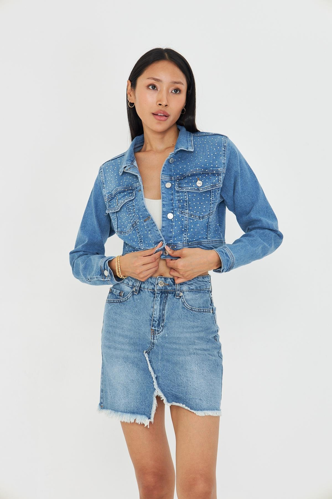 Taş İşlemeli Crop Denim Ceket