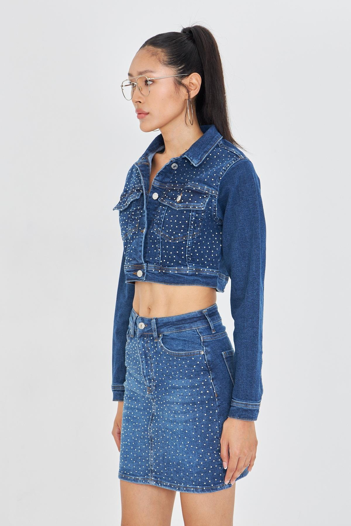 Taş İşlemeli Crop Denim Ceket