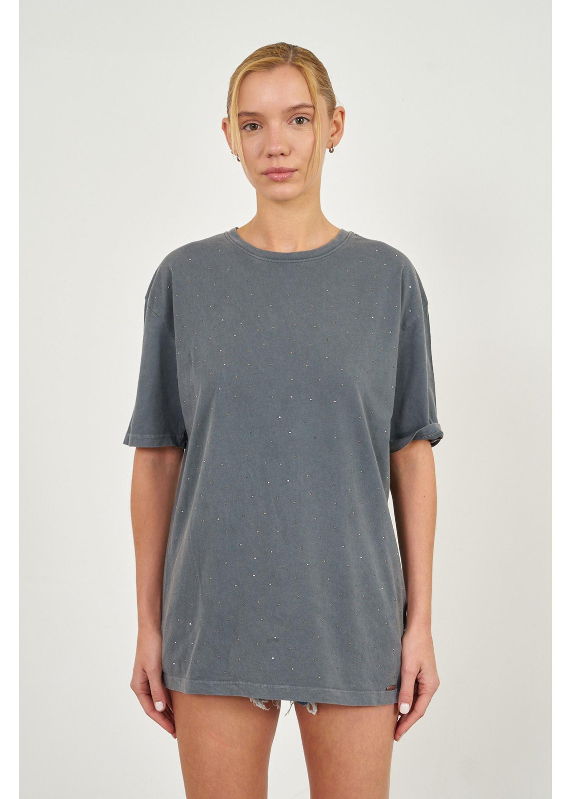 Taşlı Basic T-shirt-Antrasit