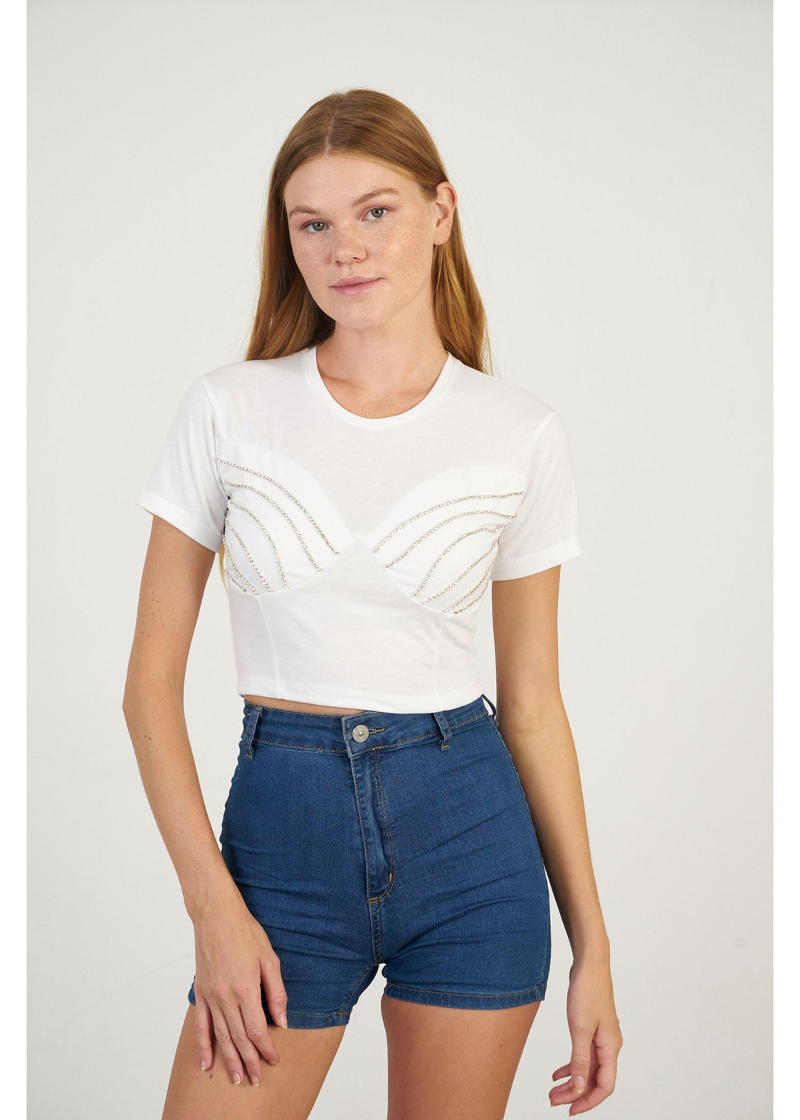 Taşlı Crop T-shirt-Ekru