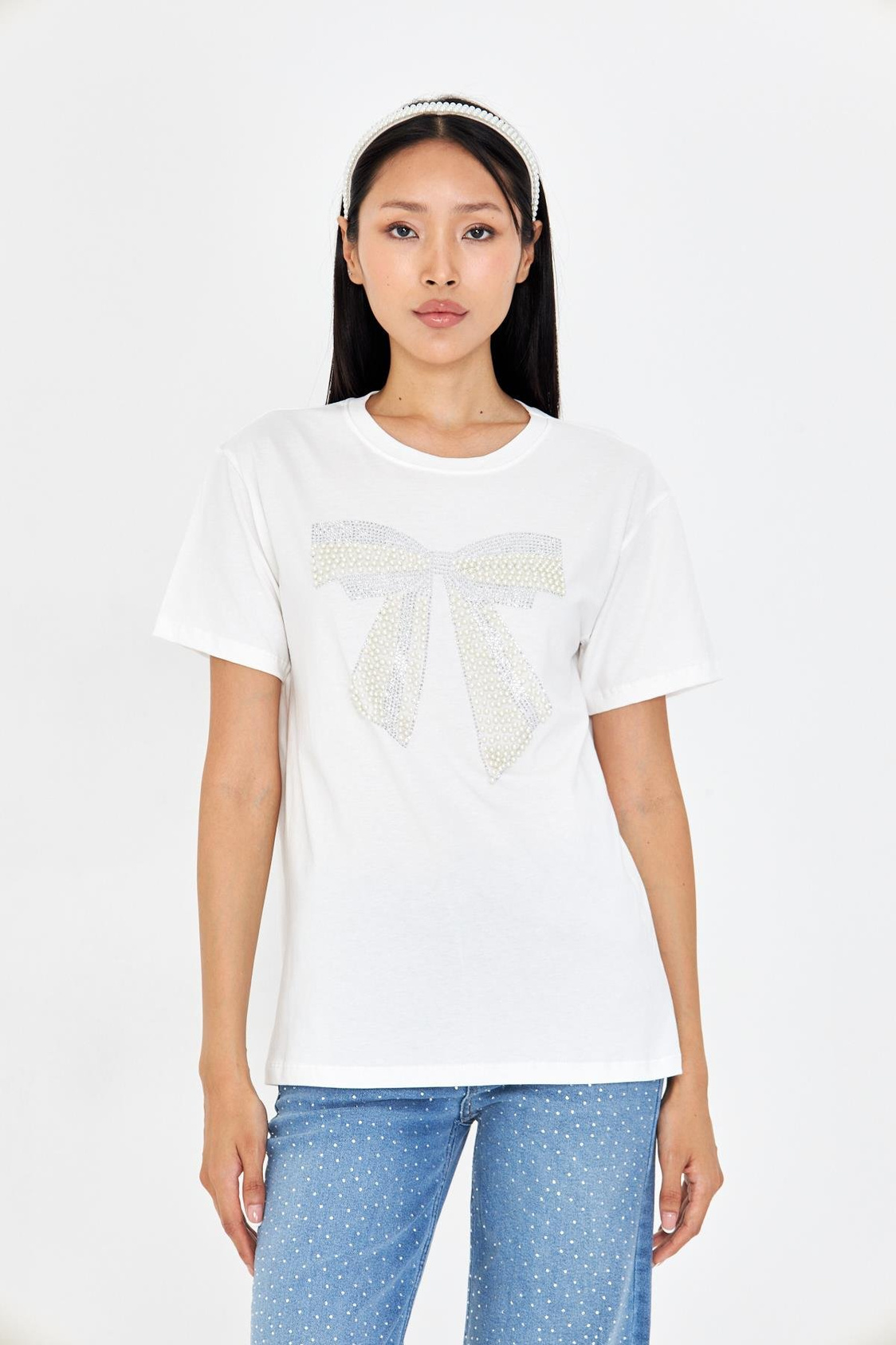 Taşlı Fiyonk Baskılı T-Shirt