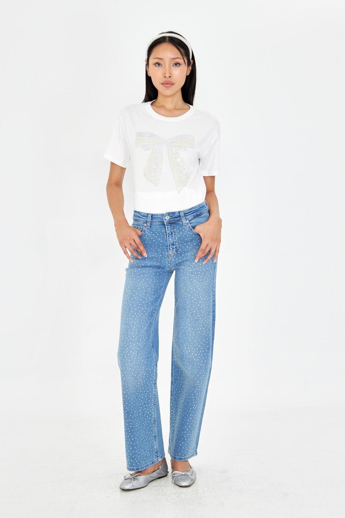 Taşlı Fiyonk Baskılı T-Shirt