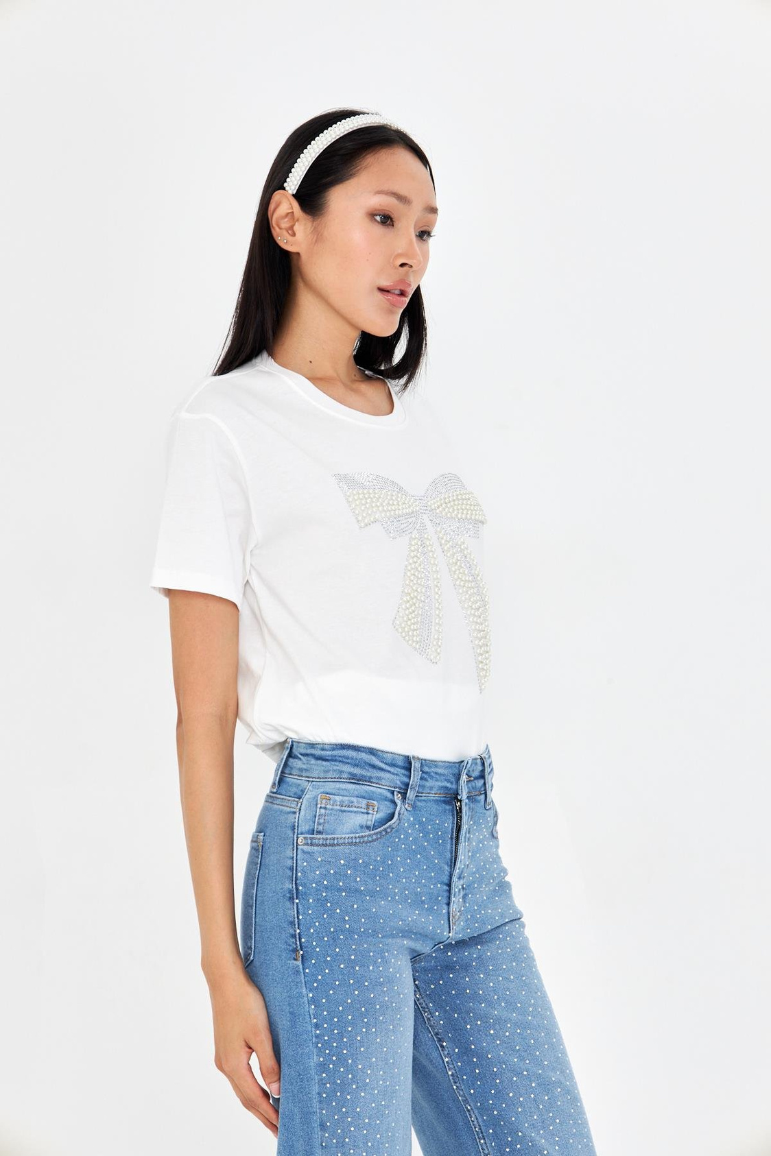 Taşlı Fiyonk Baskılı T-Shirt