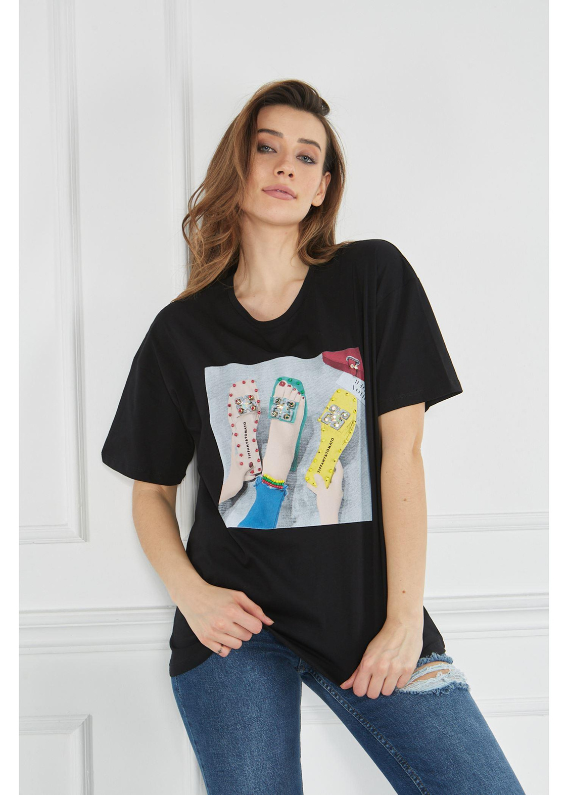 Terlik Baskılı Kadın Tshirt-Siyah