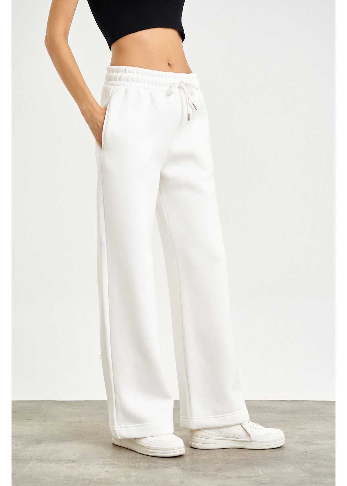 Üç İplik Bol Paça Pantolon-Ekru