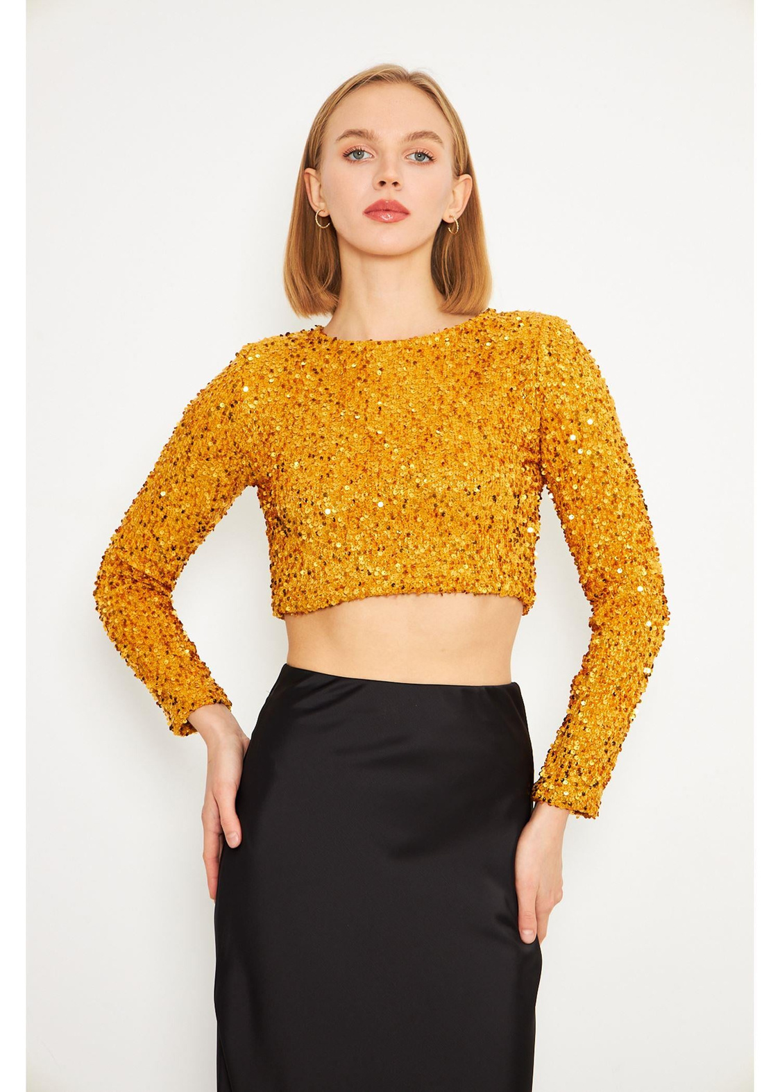 Uzun Kollu Payetli Hardal Crop Bluz