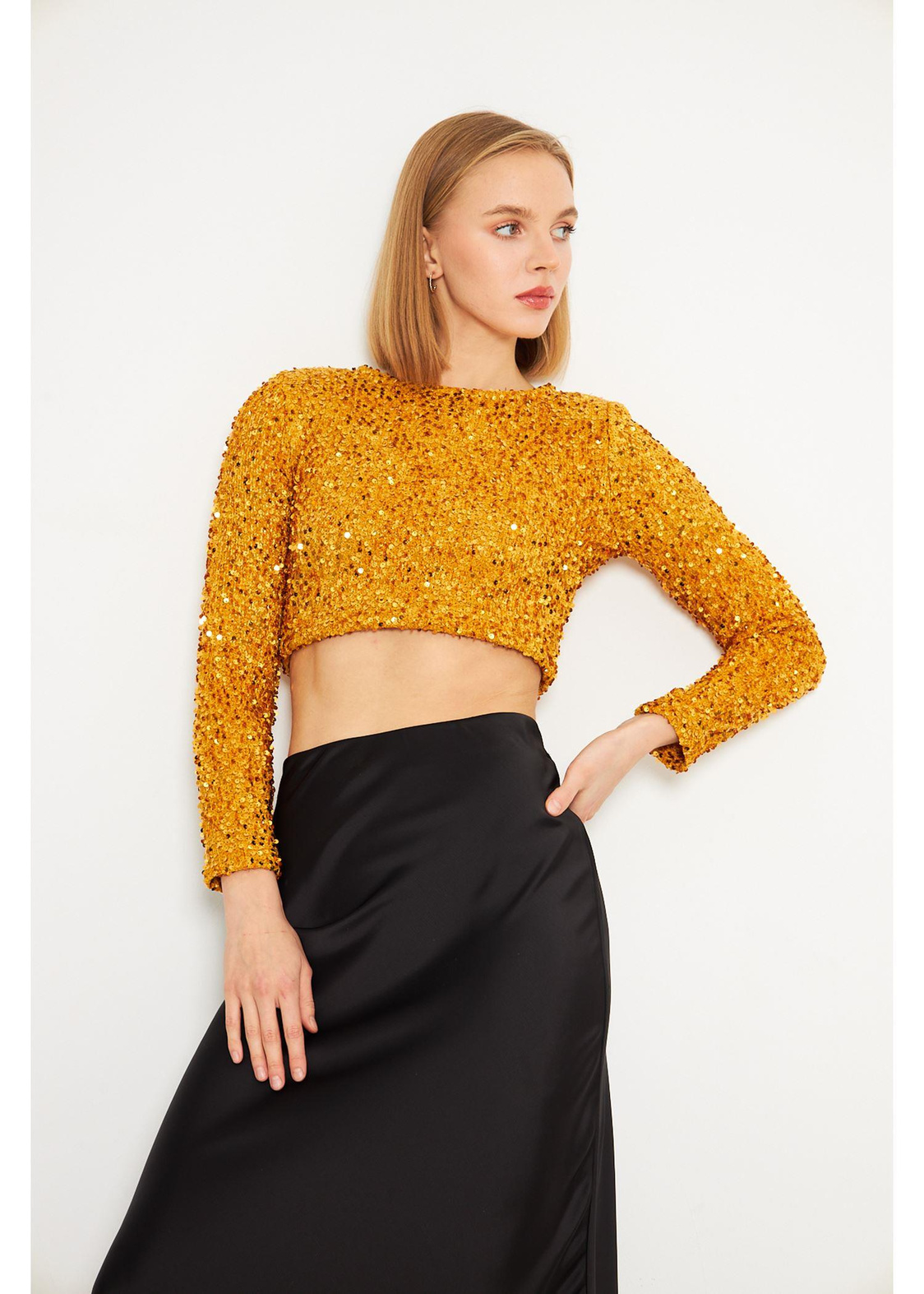 Uzun Kollu Payetli Hardal Crop Bluz