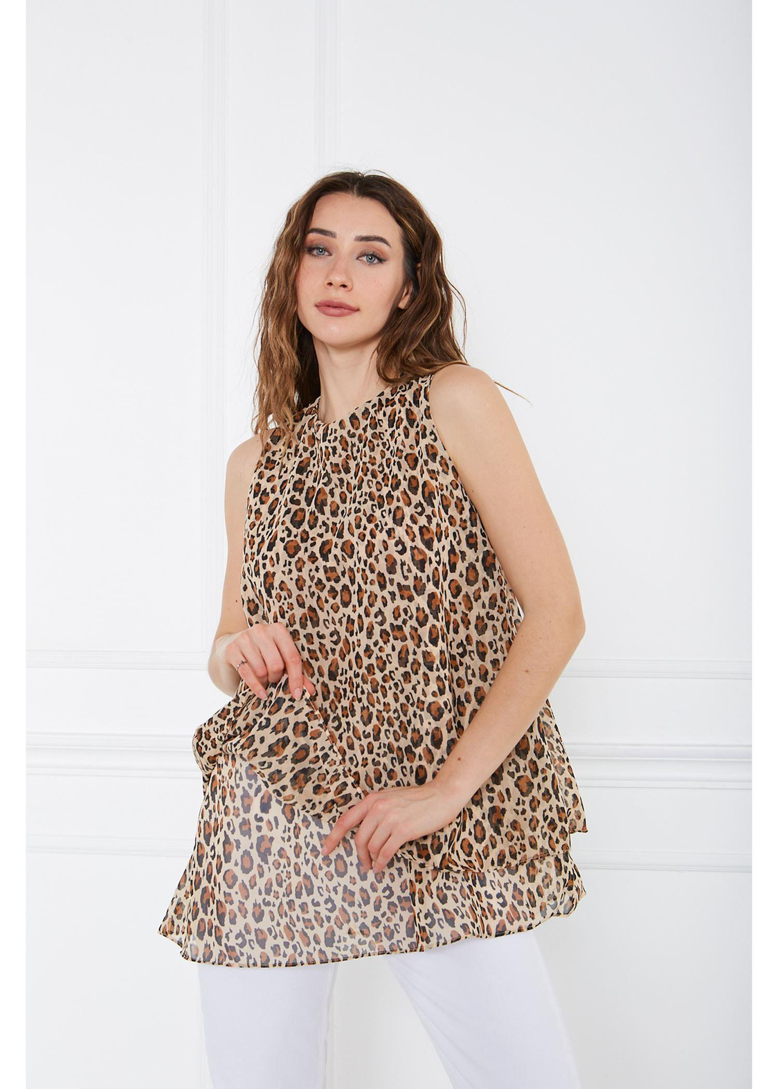 Uzun Leopar Şifon Bluz