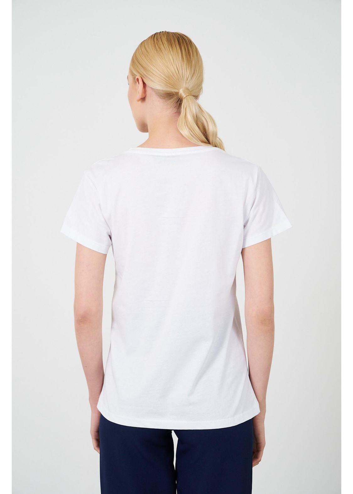 V Yaka Göz Nakışlı Basic T-shirt-Ekru
