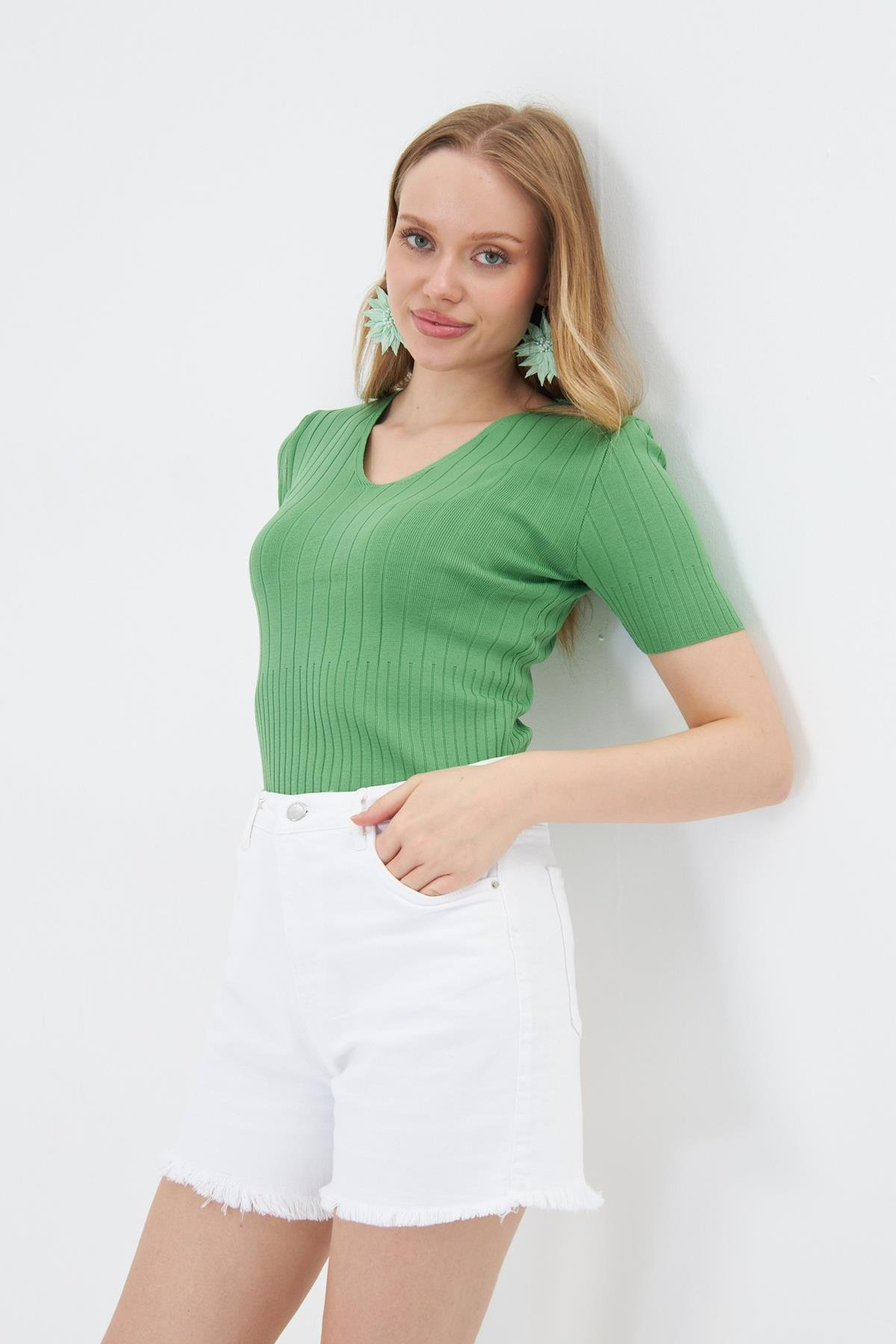 V Yaka Kısa Kol Body - Yeşil