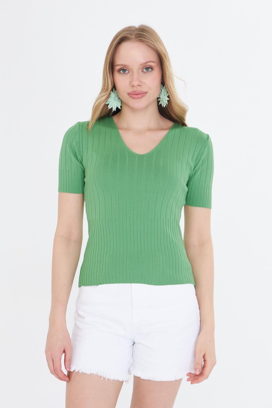 V Yaka Kısa Kol Body - Yeşil