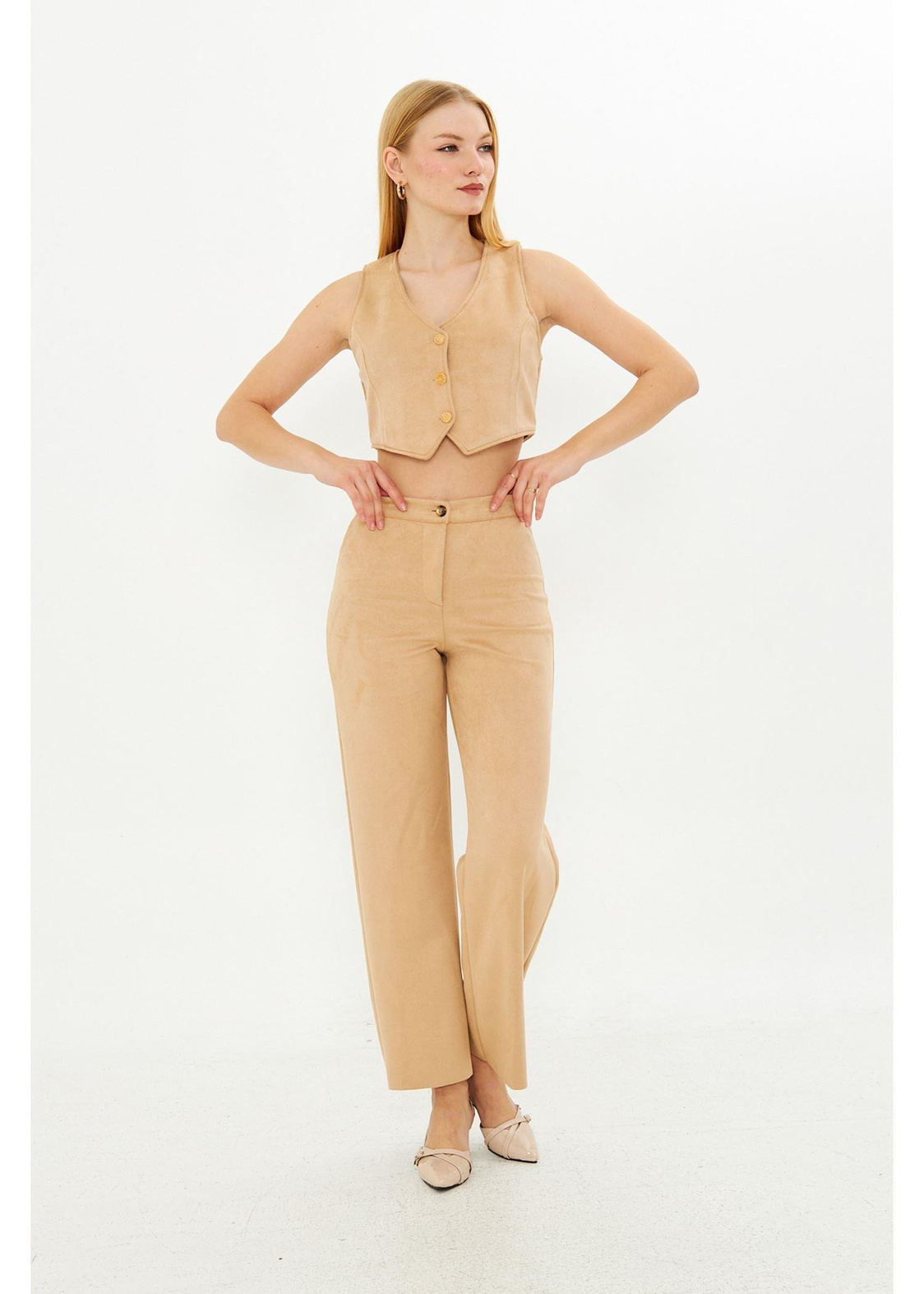 Vizon Crop Süet Yelek