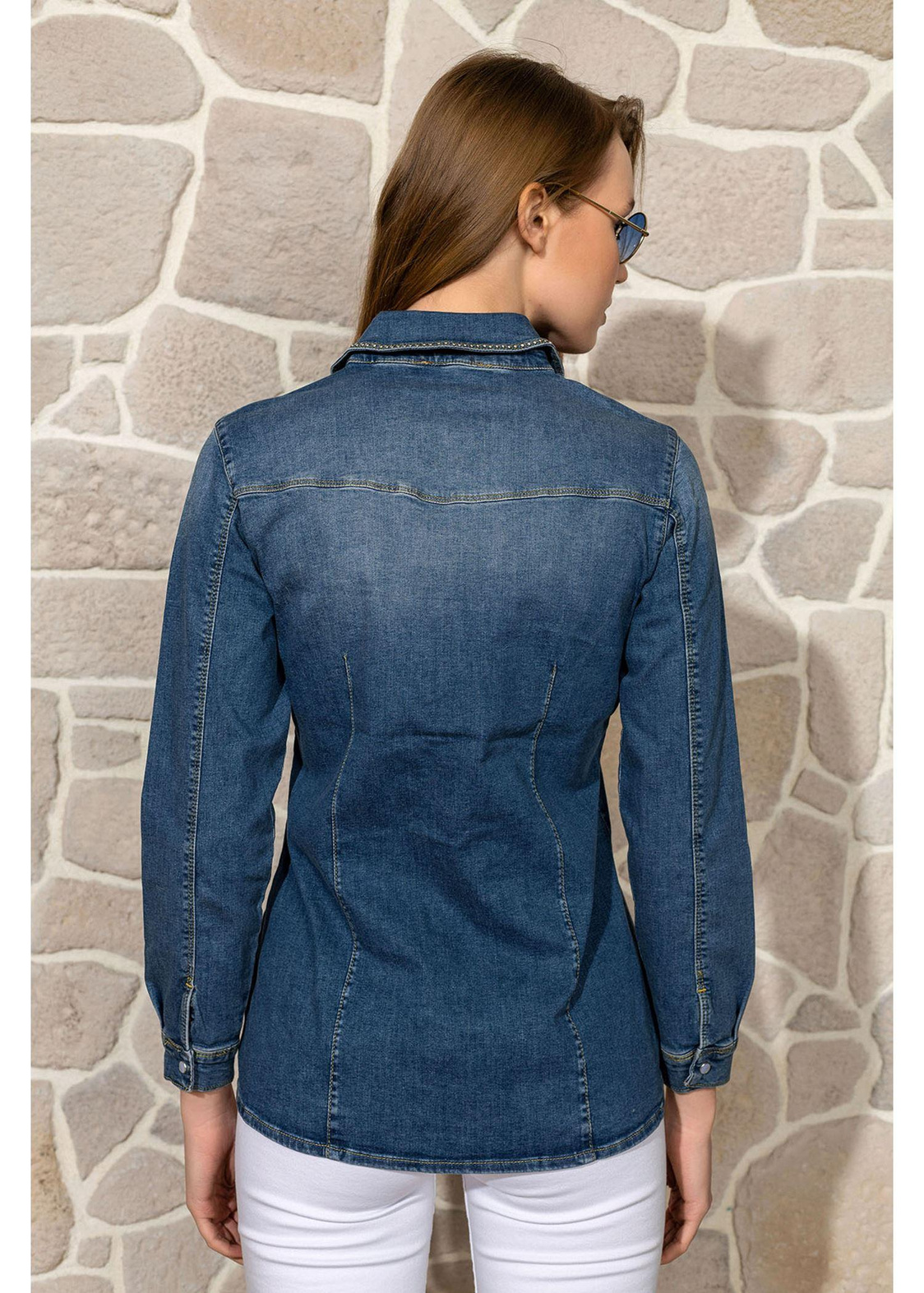 Yaka Taş Detaylı Denim Gömlek-Mavi