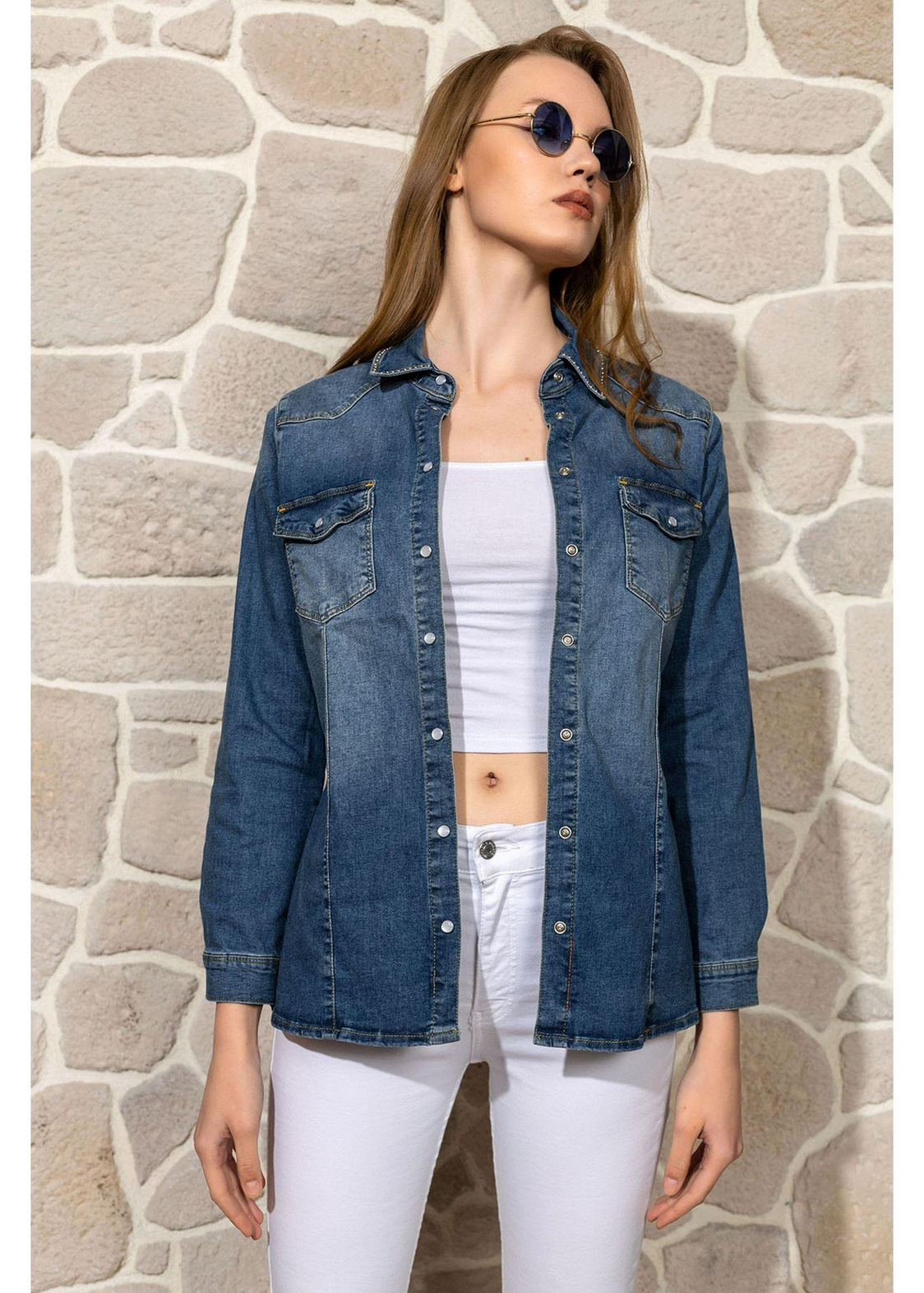 Yaka Taş Detaylı Denim Gömlek-Mavi