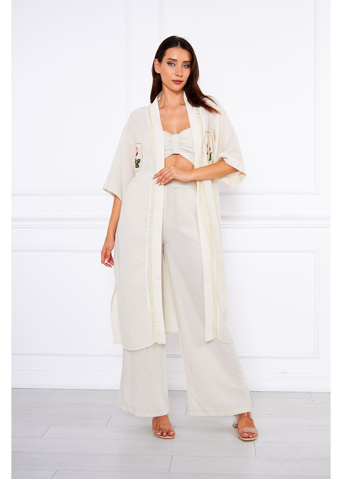Yakası Dantelli Nakışlı Kimono-Taş