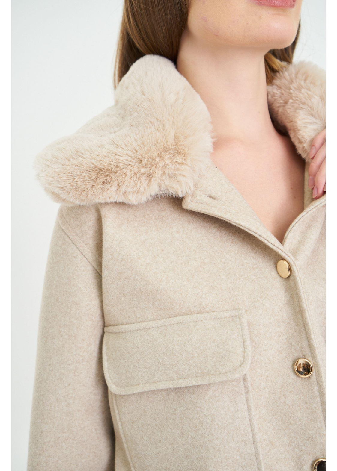 Yakası Kürklü Kısa Kaşe Ceket-Taş