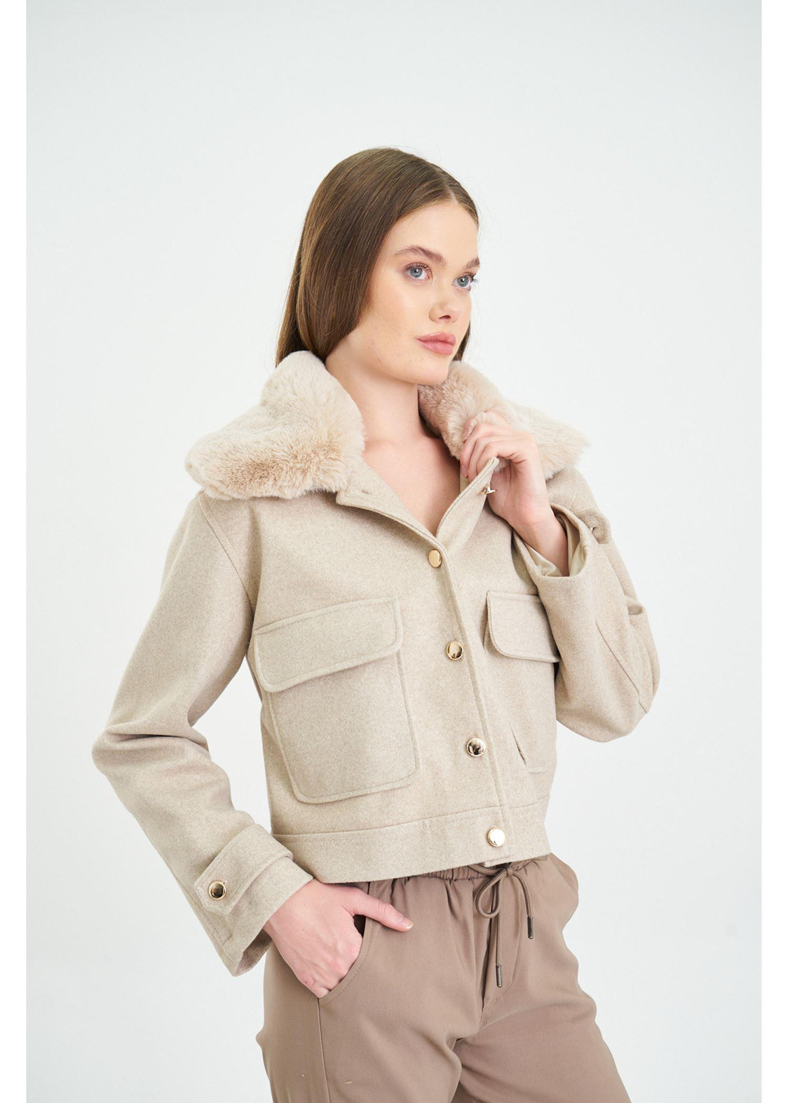 Yakası Kürklü Kısa Kaşe Ceket-Taş