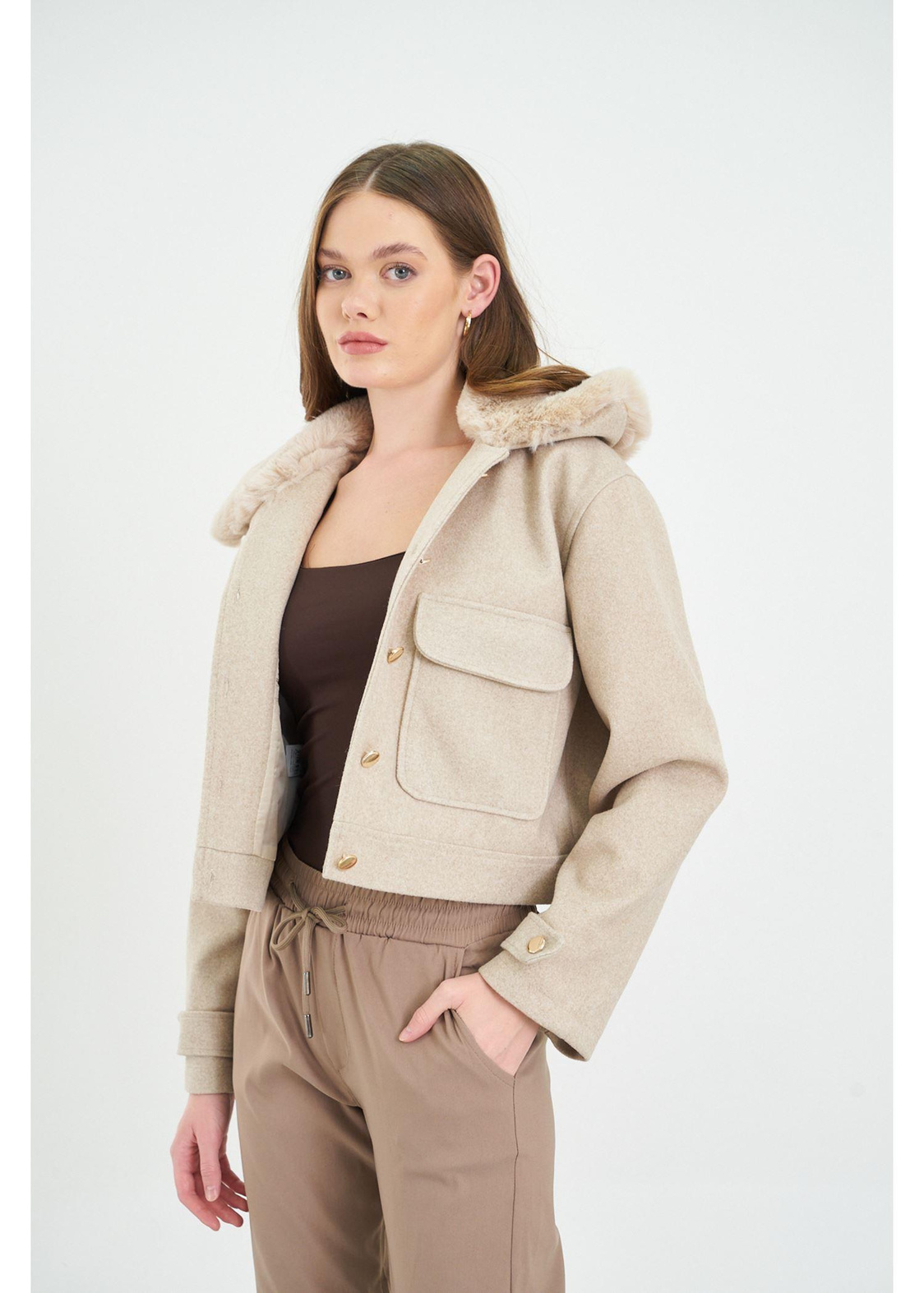 Yakası Kürklü Kısa Kaşe Ceket-Taş