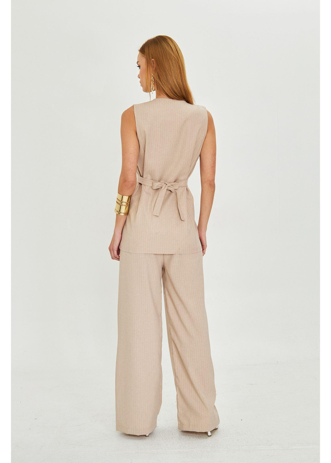 Yanı Kemerli Çizgili Poliviskon Yelek