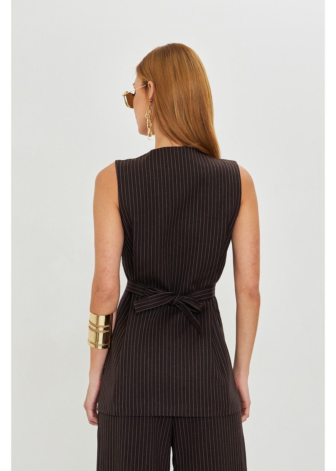 Yanı Kemerli Çizgili Poliviskon Yelek