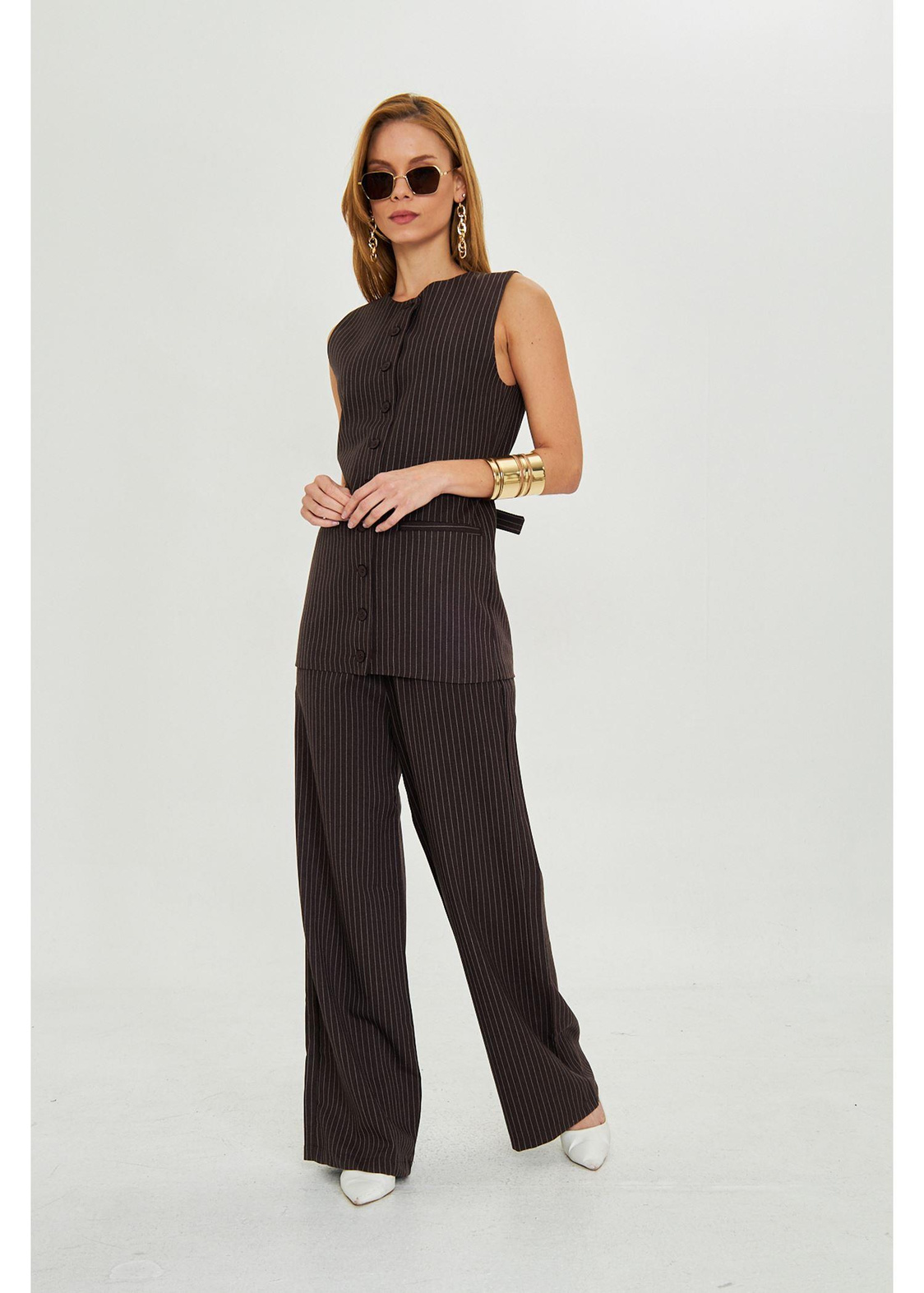 Yanı Kemerli Çizgili Poliviskon Yelek